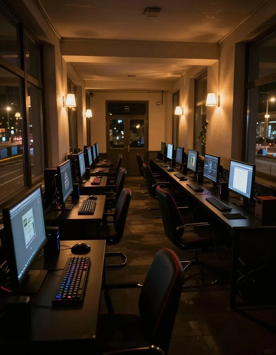 Nocny hol kafejki internetowej z rzędami monitorów