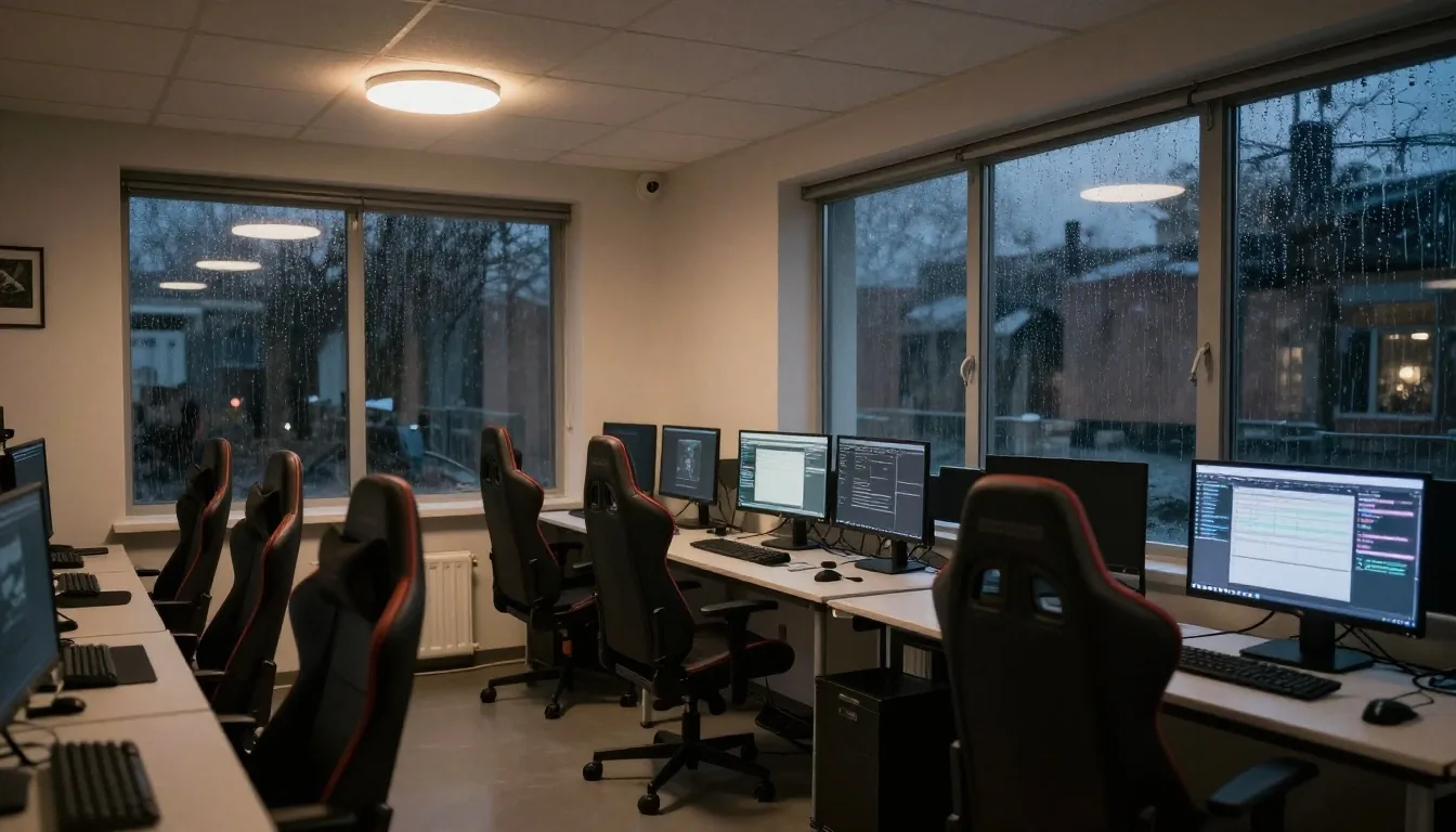 Redakcja nocna — stanowiska graczy i monitory