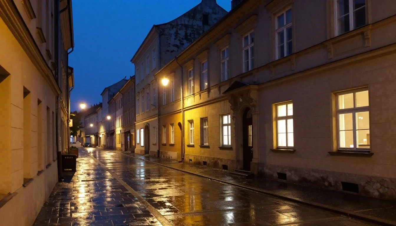 Wetknięta ulica Piotrkowska nocą z refleksami świateł