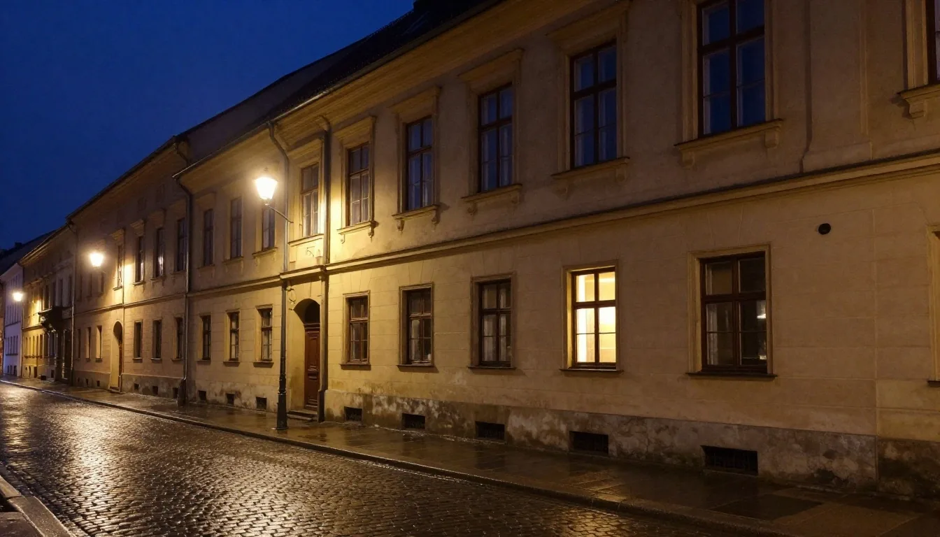 Mokra ulica Piotrkowska w Łodzi nocą, refleksy światła na bruku