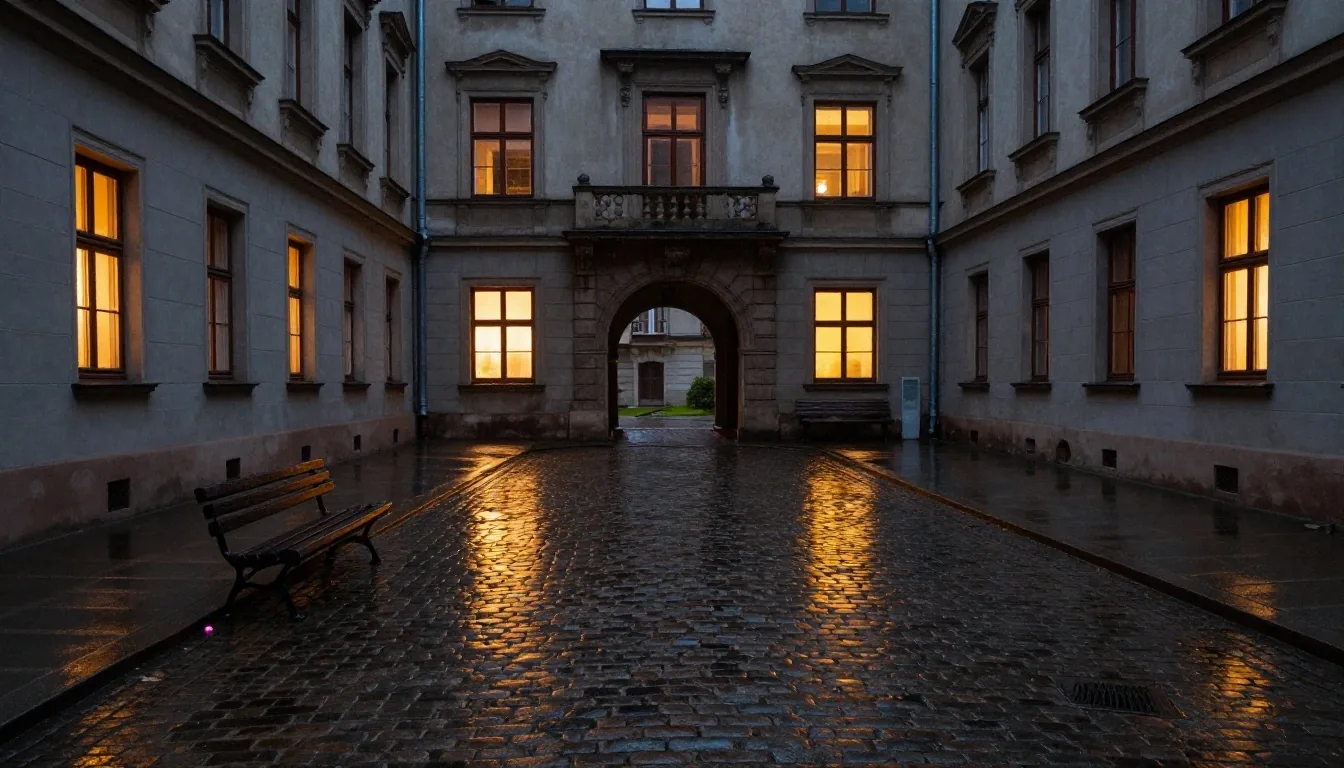 Nocna ulica Piotrkowska w Łodzi po deszczu