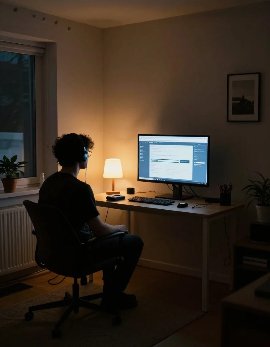 Gracz przy stanowisku z monitorem — nocna sesja