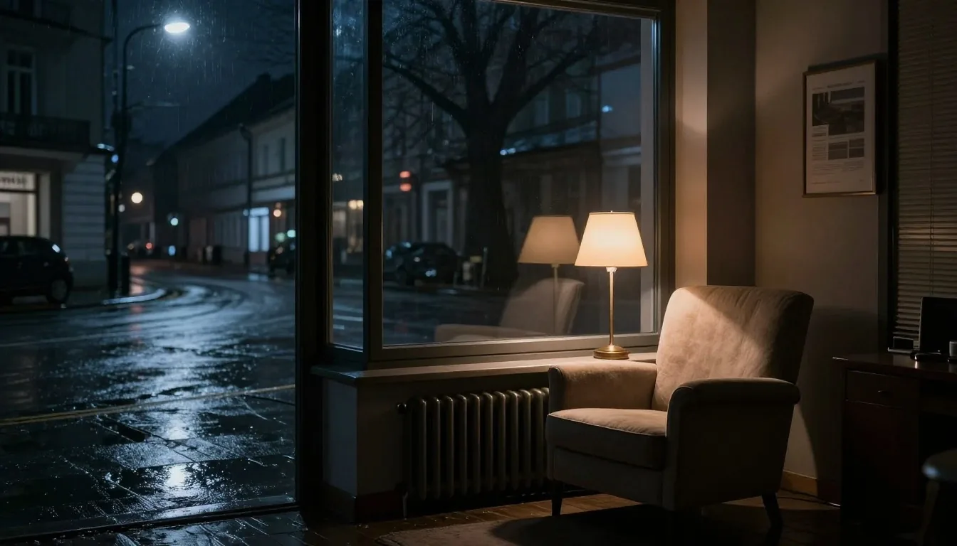 Stół redakcyjny z rozłożonym materiałem pod lampą — nocna redakcja