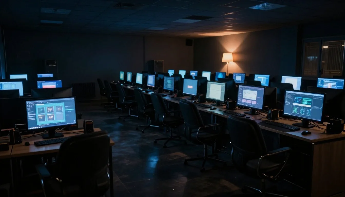 Wnętrze kawiarenki internetowej w nocy — rzędy monitorów