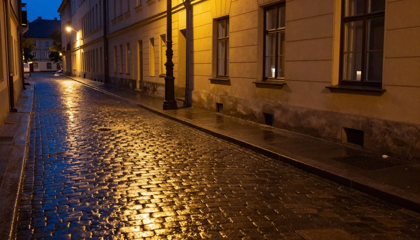 Mokra kostka brukowa nocą z ciepłymi odbiciami okien i zimnym światłem latarni