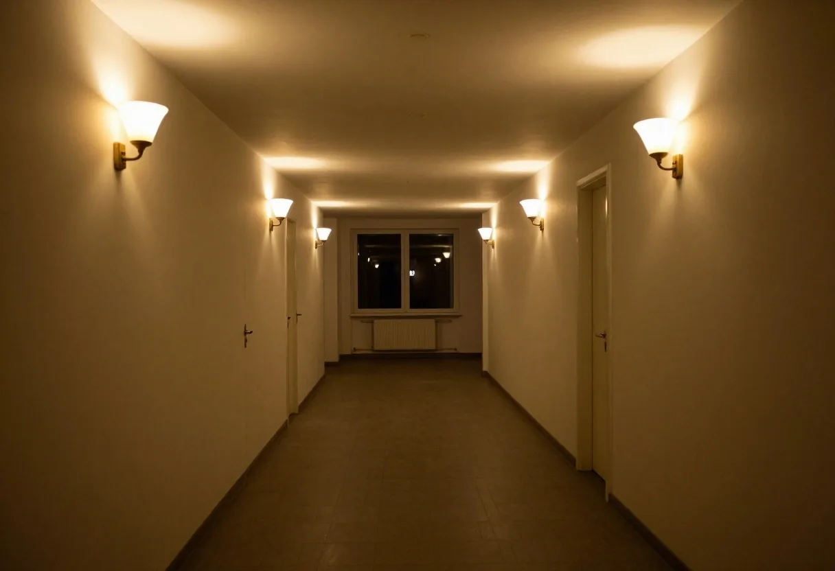 Pusta nocna redakcja z zgaszonymi monitorami i ciepłą lampą na biurku